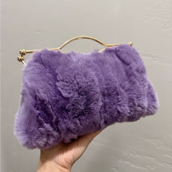 Lilac Handmade Real Rex Rabbit Fur Double Kisslock & Top Handle Purse/Crossbody - Picture 10 of 16